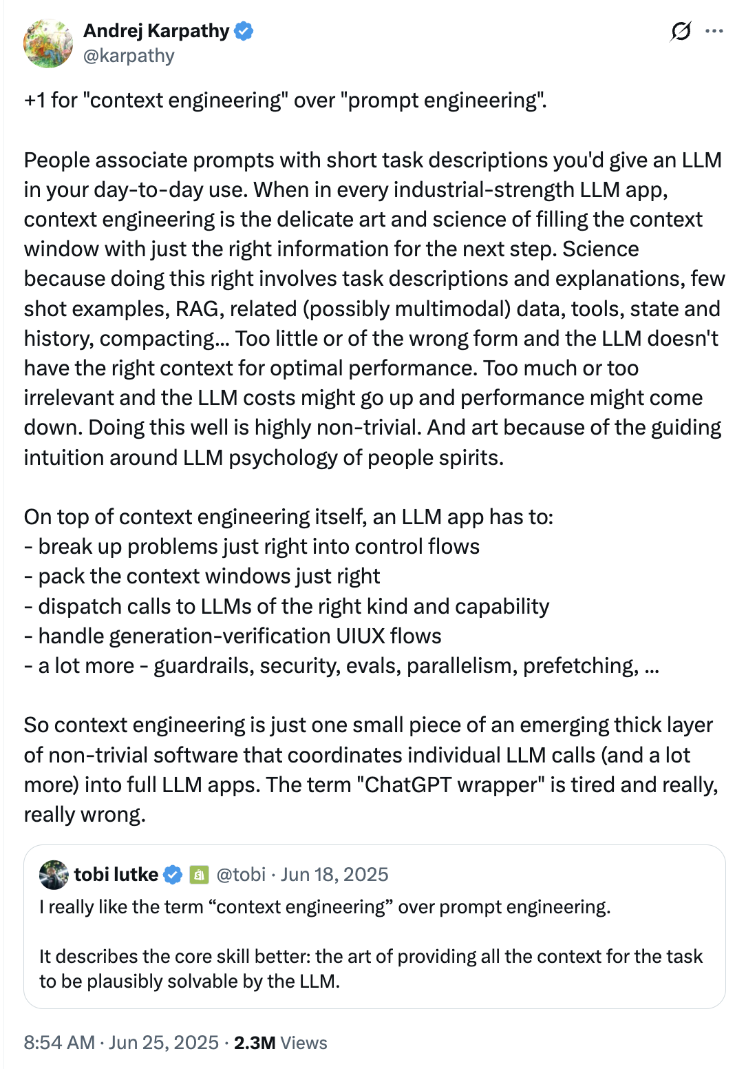 Andrej Karpathy tweet about context engineering